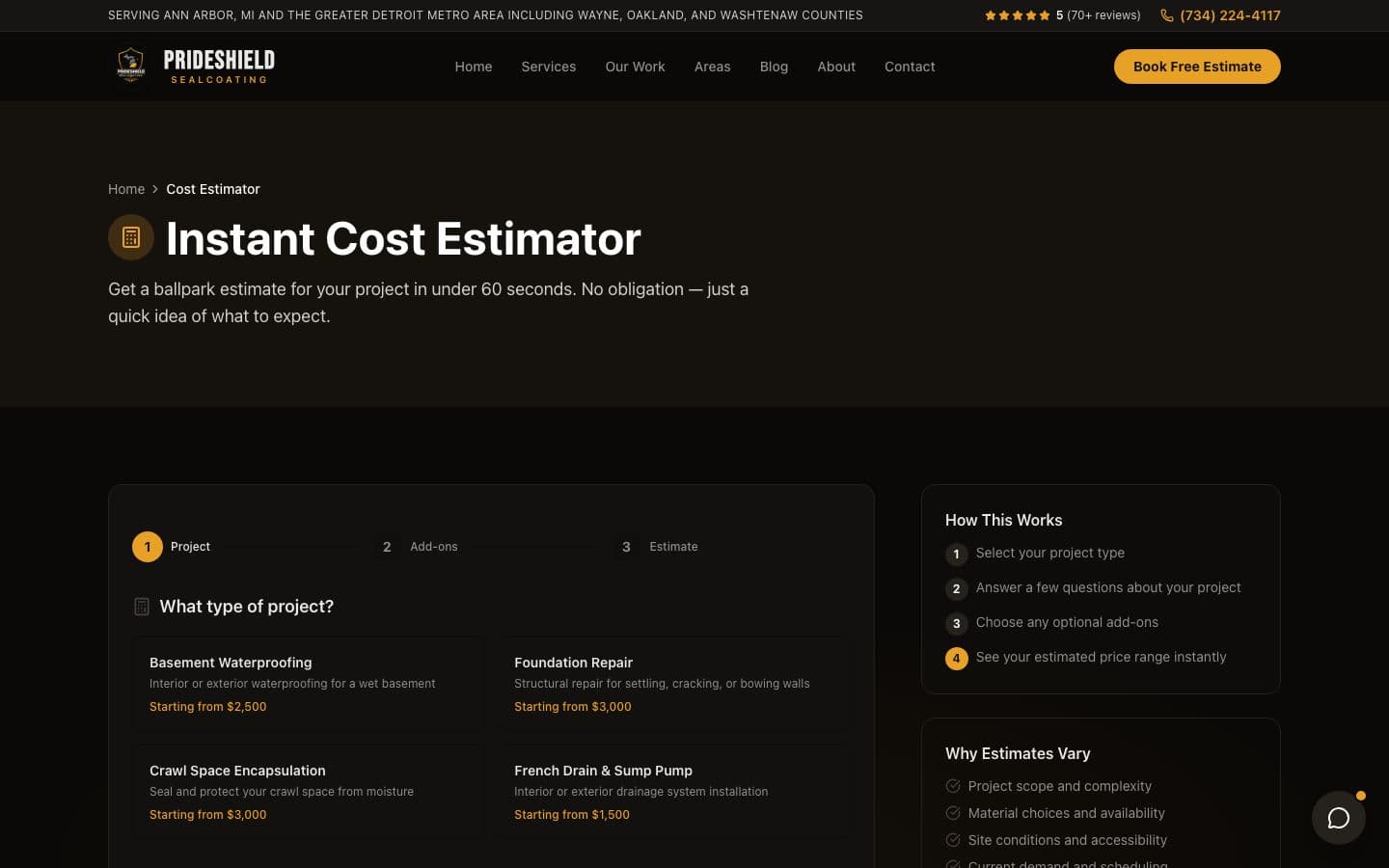 PrideShield Sealcoating cost estimator