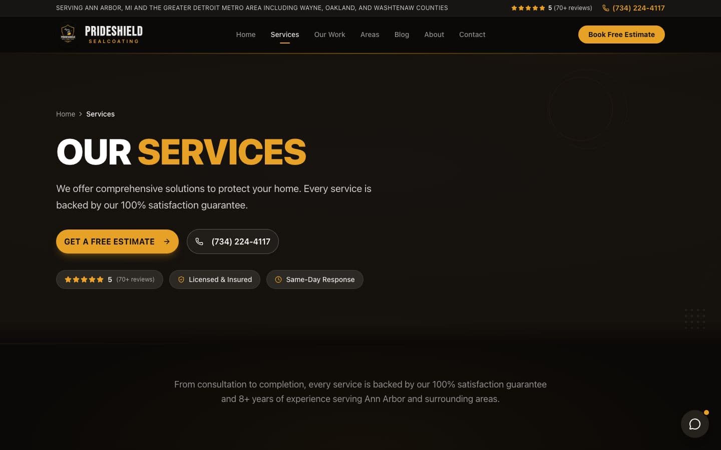 PrideShield Sealcoating service and area pages