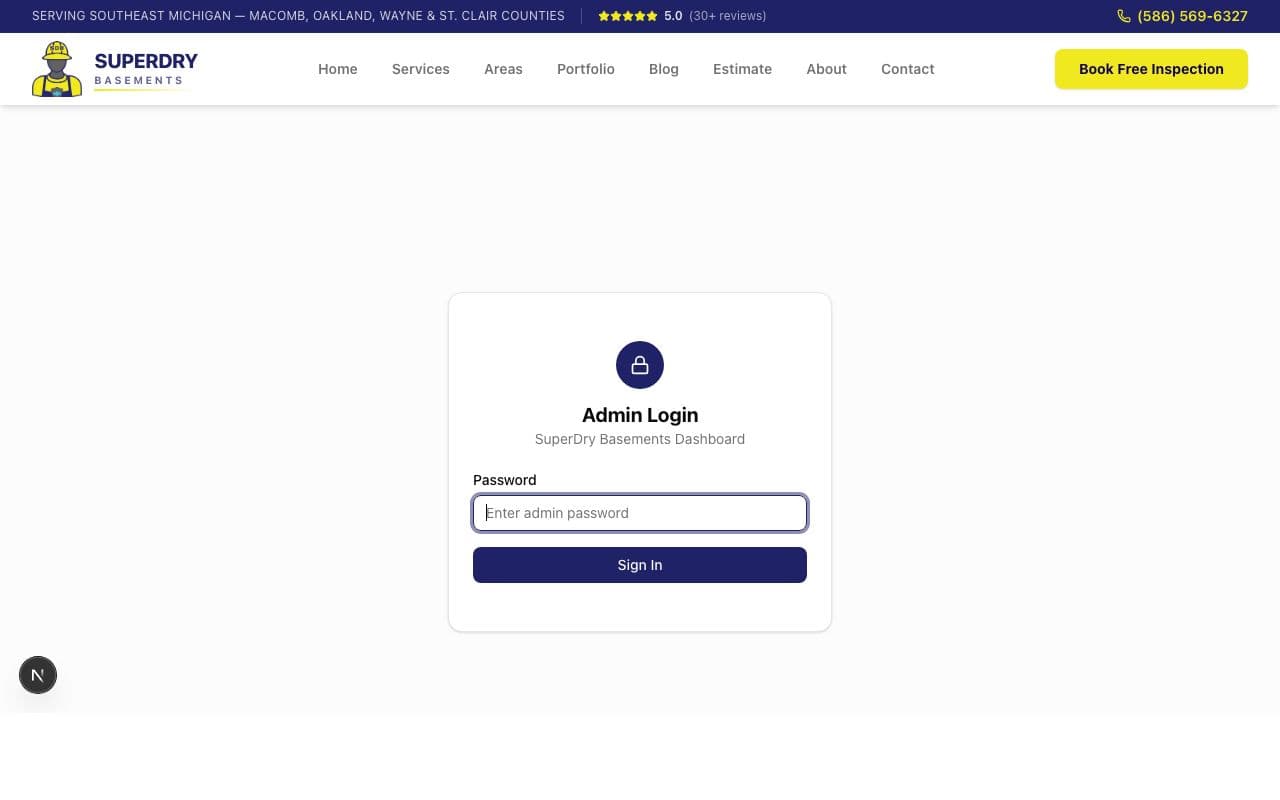 SuperDry Basements admin dashboard login