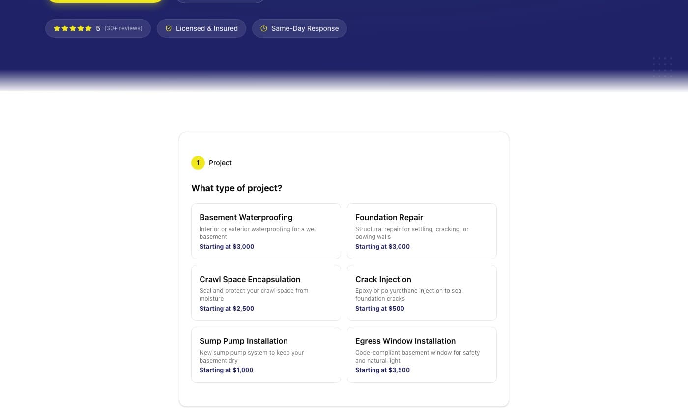 SuperDry Basements cost estimator with 6 waterproofing project types