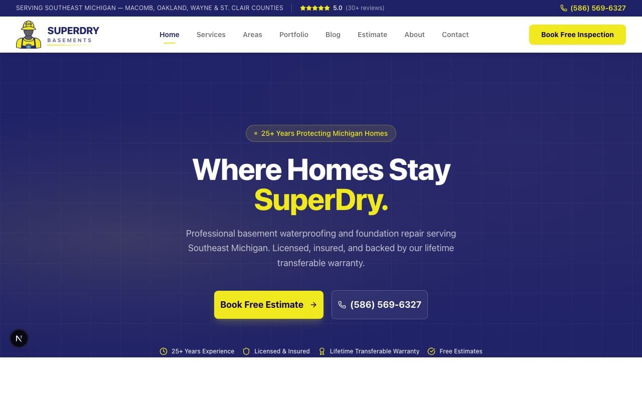 SuperDry Basements website — waterproofing platform built by SolutionDG