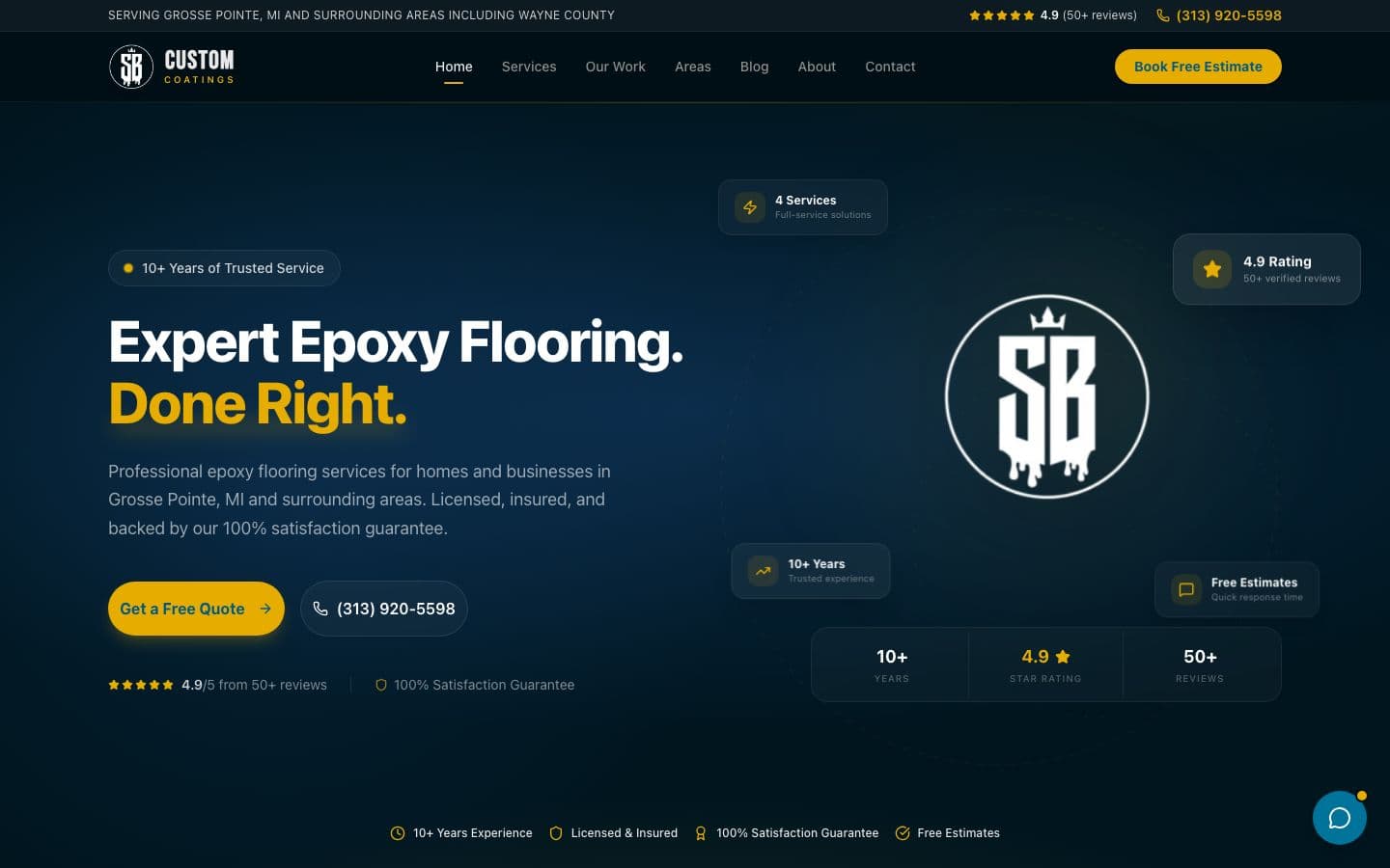 SB Custom Coatings website — epoxy flooring platform built by SolutionDG